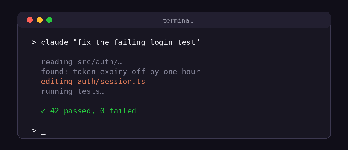Claude Code running in a terminal, fixing a failing login test
